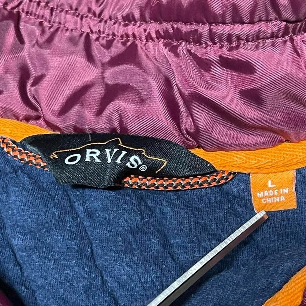 Orvis Trout Bum Quilted Pullover Jacket Shirt Blue Mens Large Snap Button Casual